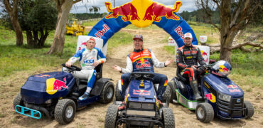 Liam Lawson, Shane van Gisbergen and Mad Mike Whiddett pose for a portrait during the LAWNMOWER HEAD-TO-HEAD RACE at the Red Bull Rural Rumble at Dalton Farm, Kopuku, NZ on December 19, 2025. // Graeme Murray / Red Bull Content Pool // SI202601260028 // Usage for editorial use only //